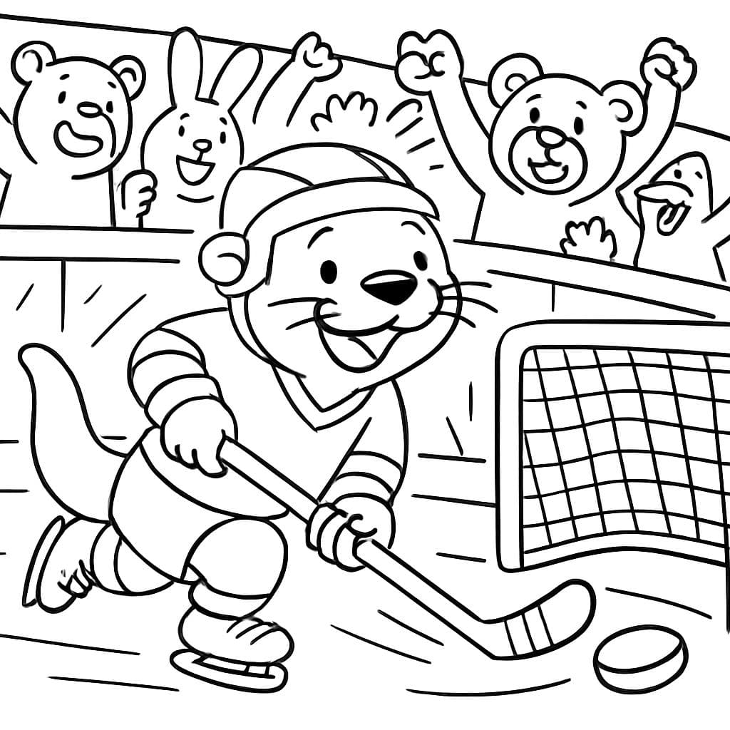 Nutria jugando hockey sobre hielo con fanáticos de fondo y él anota un gol