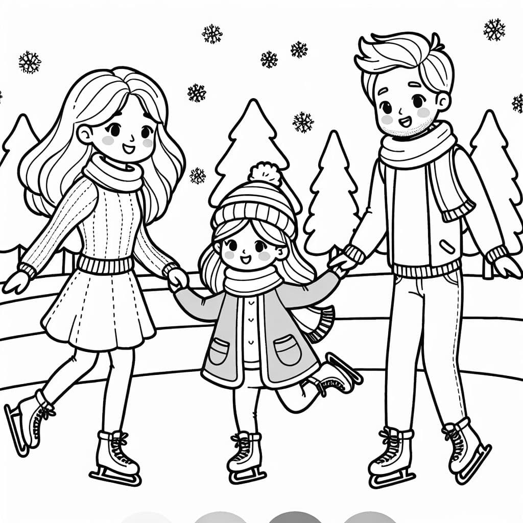 mutter mit schulterlangen haaren, vater ohne bart und kind sind eislaufen