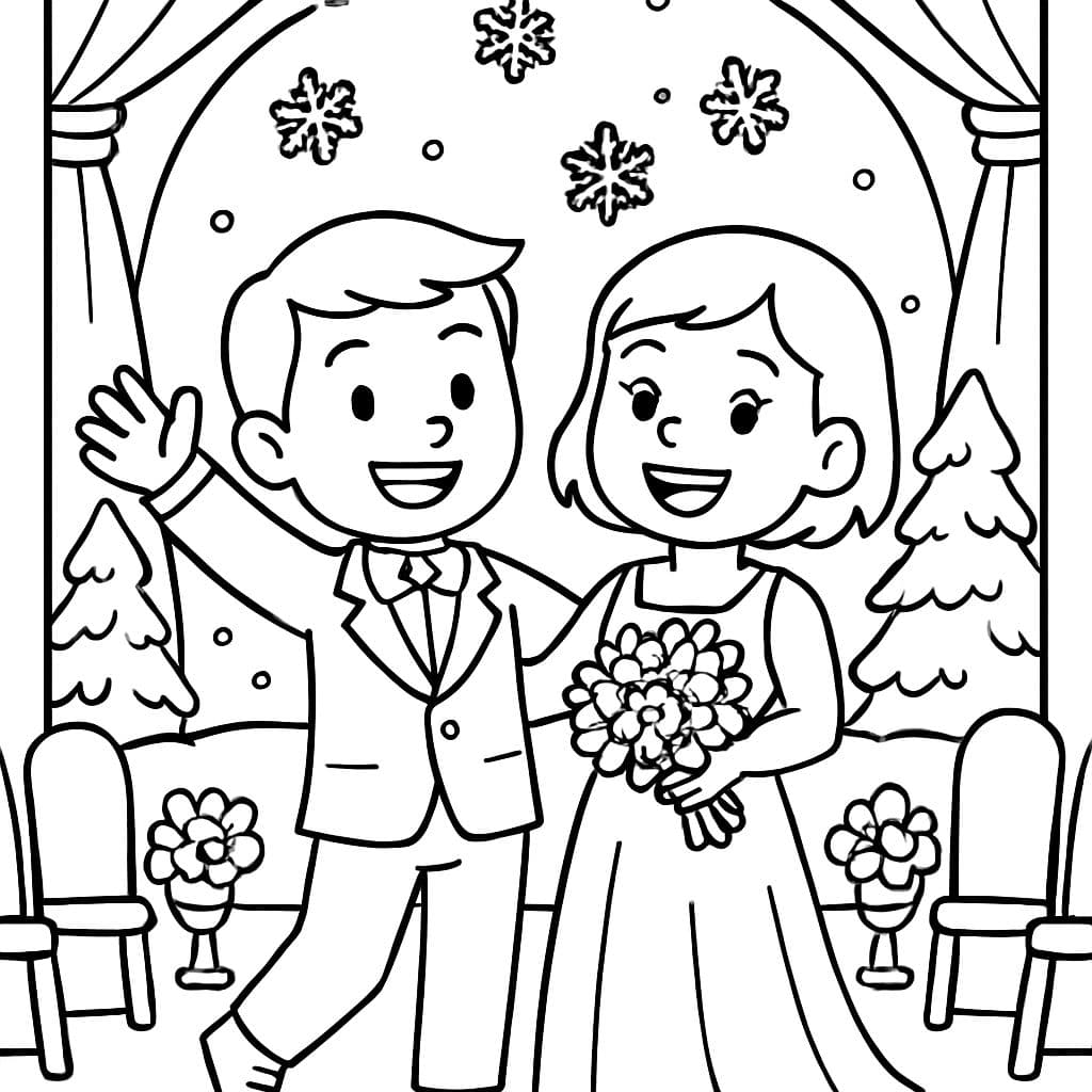 Una pareja en su día de boda, ambos con el cabello corto, uno con traje y el otro con vestido. Deben estar en un lugar de bodas que no sea una iglesia durante el invierno. La persona femenina no lleva velo.