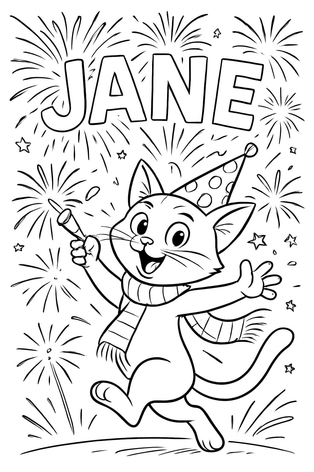 Un gato celebrando el año nuevo con letras de fuegos artificiales que dicen JANE.
