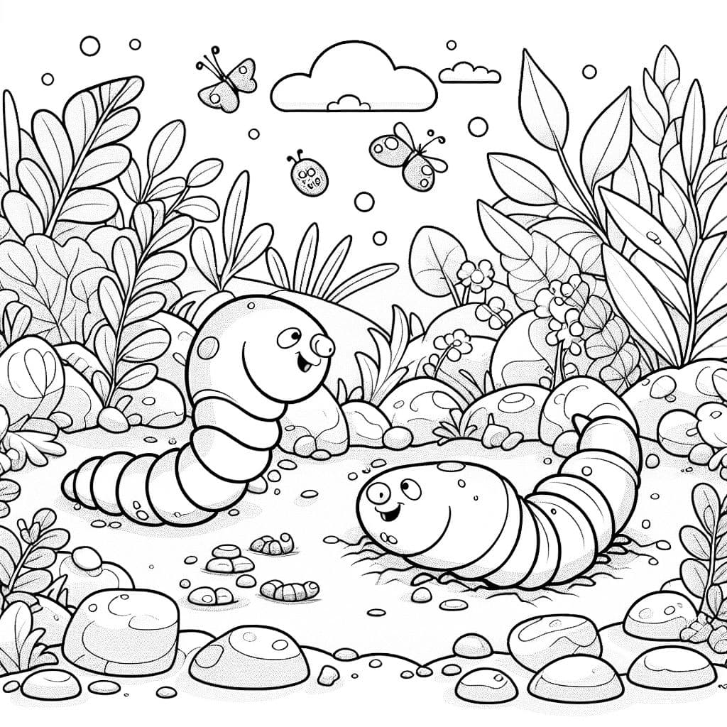 Zwei Regenwürmer und verschiedene Käfer unter der Erde