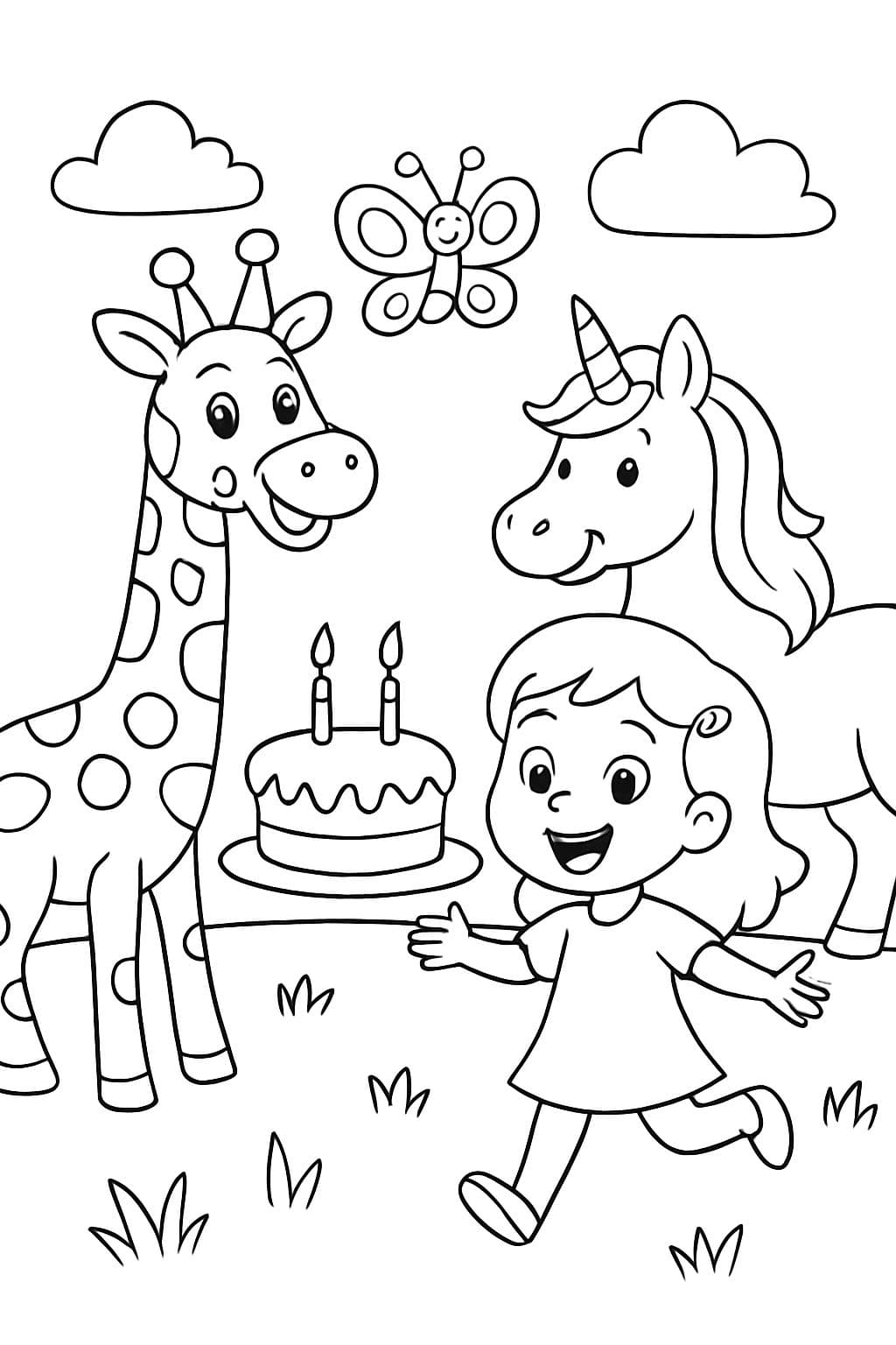 Jirafa de cumpleaños, mariposa y unicornio con niña