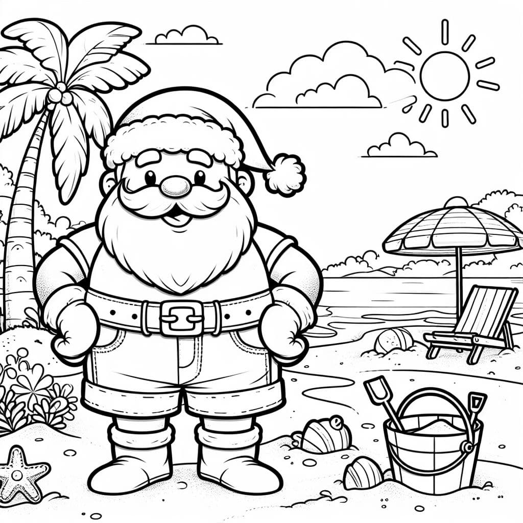 a Santa Claus wearing shorts and a t-shirt on the beach