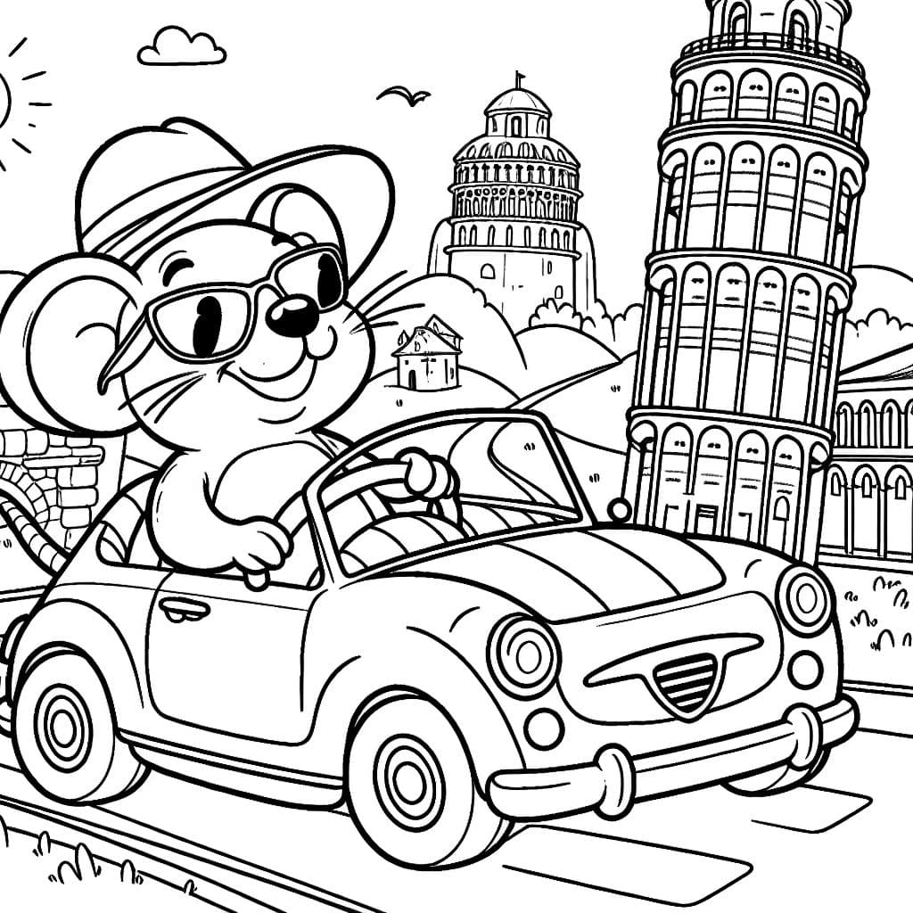 souris conduisant une voiture en Italie portant un chapeau et des lunettes de soleil