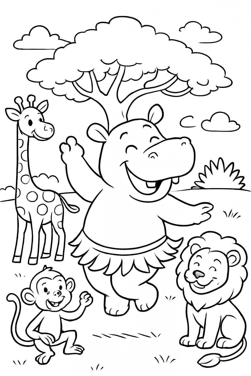 Um hipopótamo dançando dança do ventre, cercado por amigos da safári.