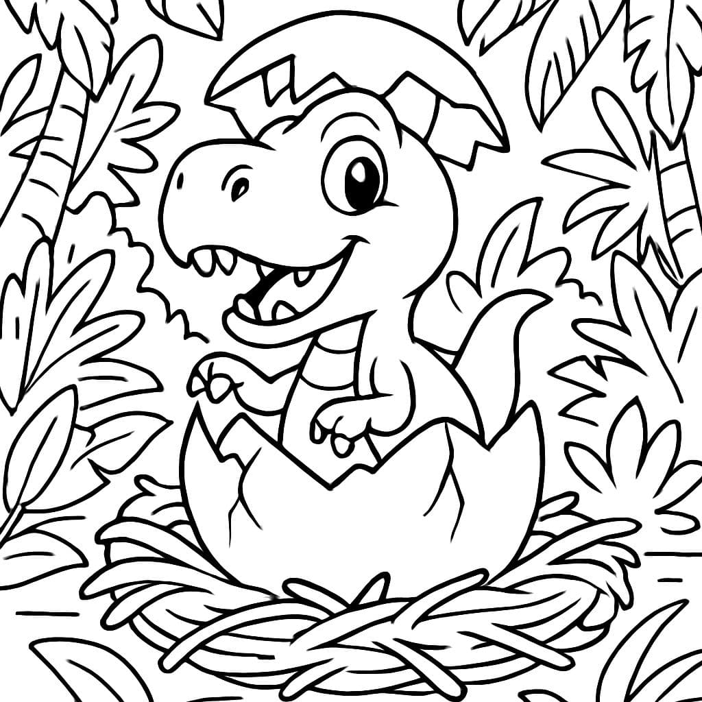 Un pequeño T-Rex asomando de un huevo partido. El huevo está en un nido. El nido está en una jungla.