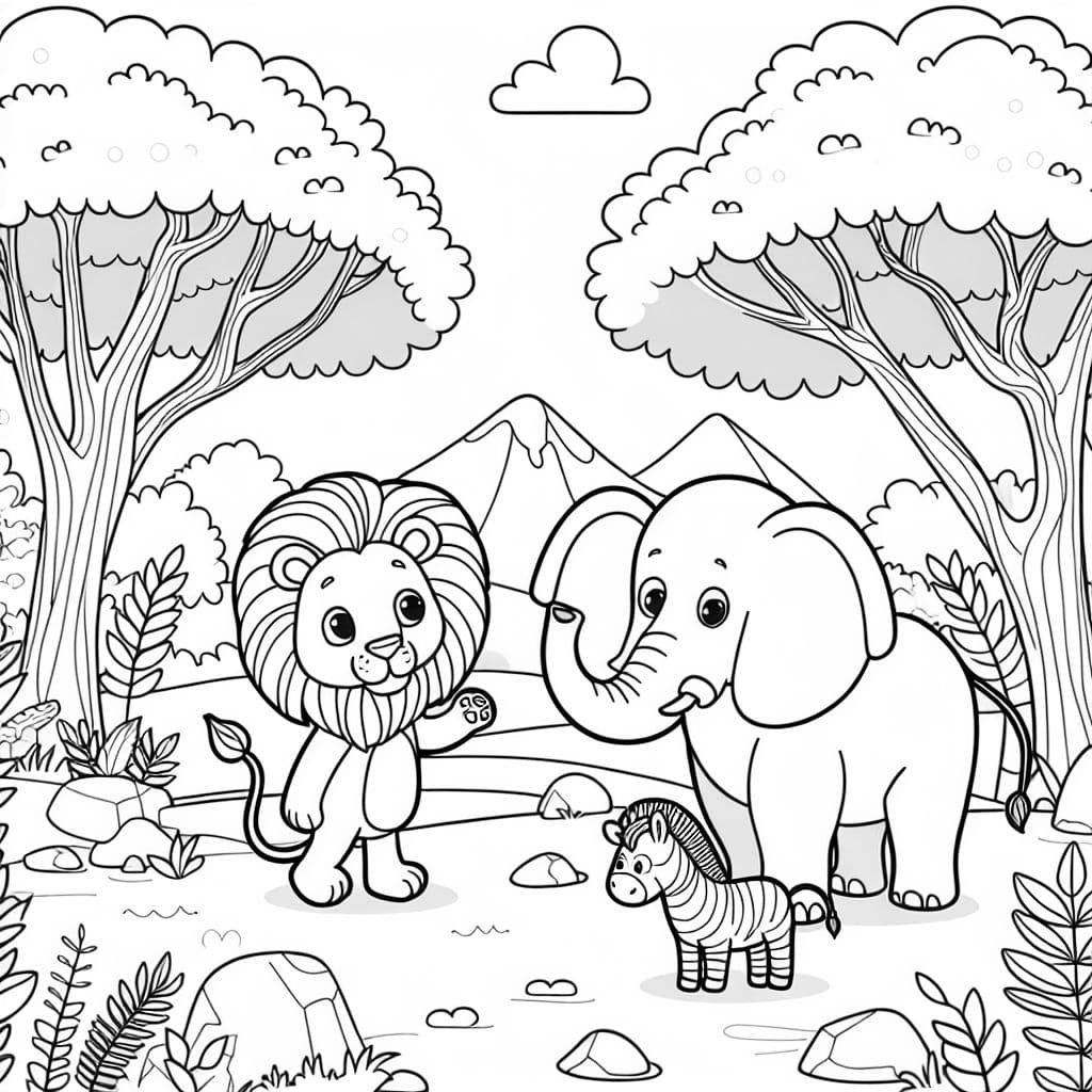 Un león, un elefante y una cebra en una aventura