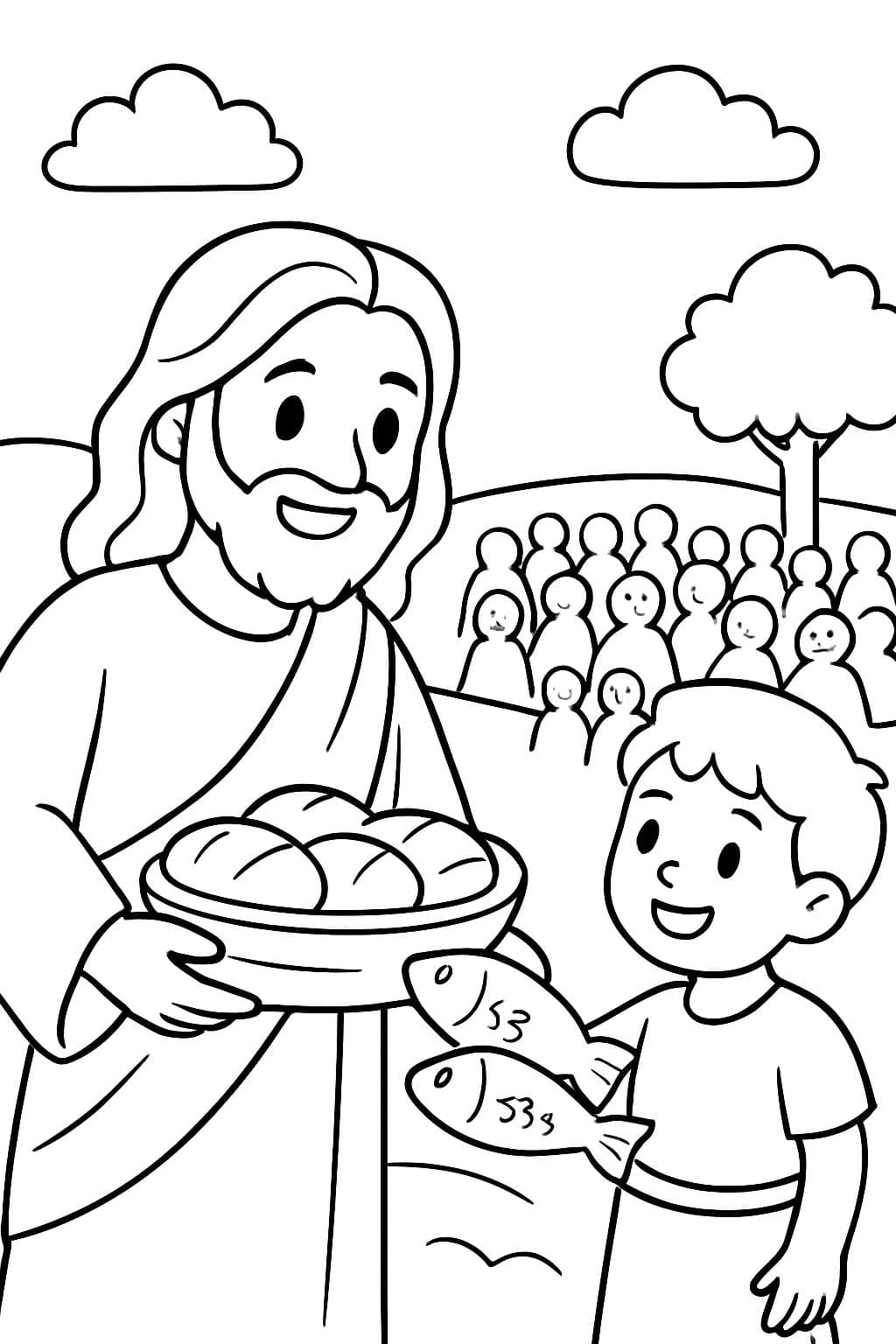 Jésus et le garçon nourrissant les gens avec les deux poissons et cinq pains.