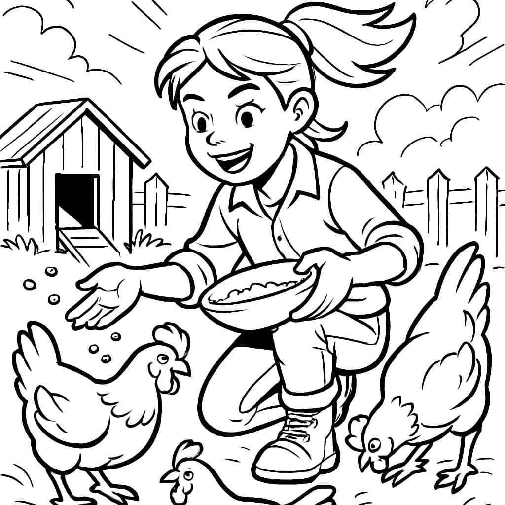 Foto detallada de una niña cuidando sus gallinas.
