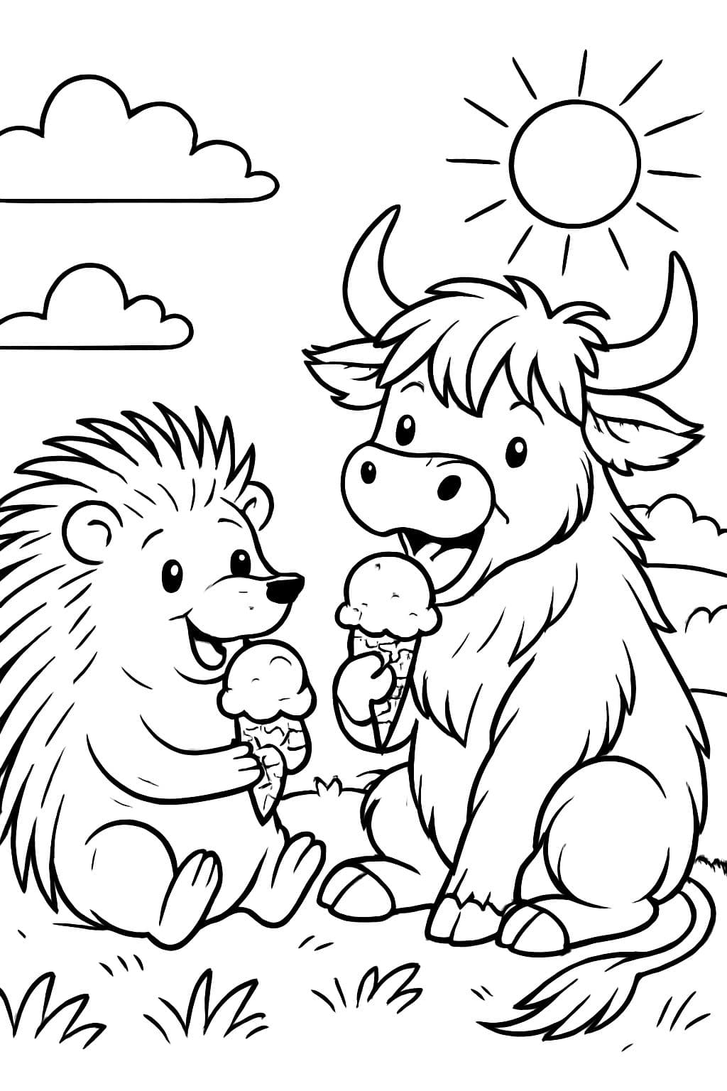Un erizo y una vaca de las Highlands sentados afuera comiendo helado.