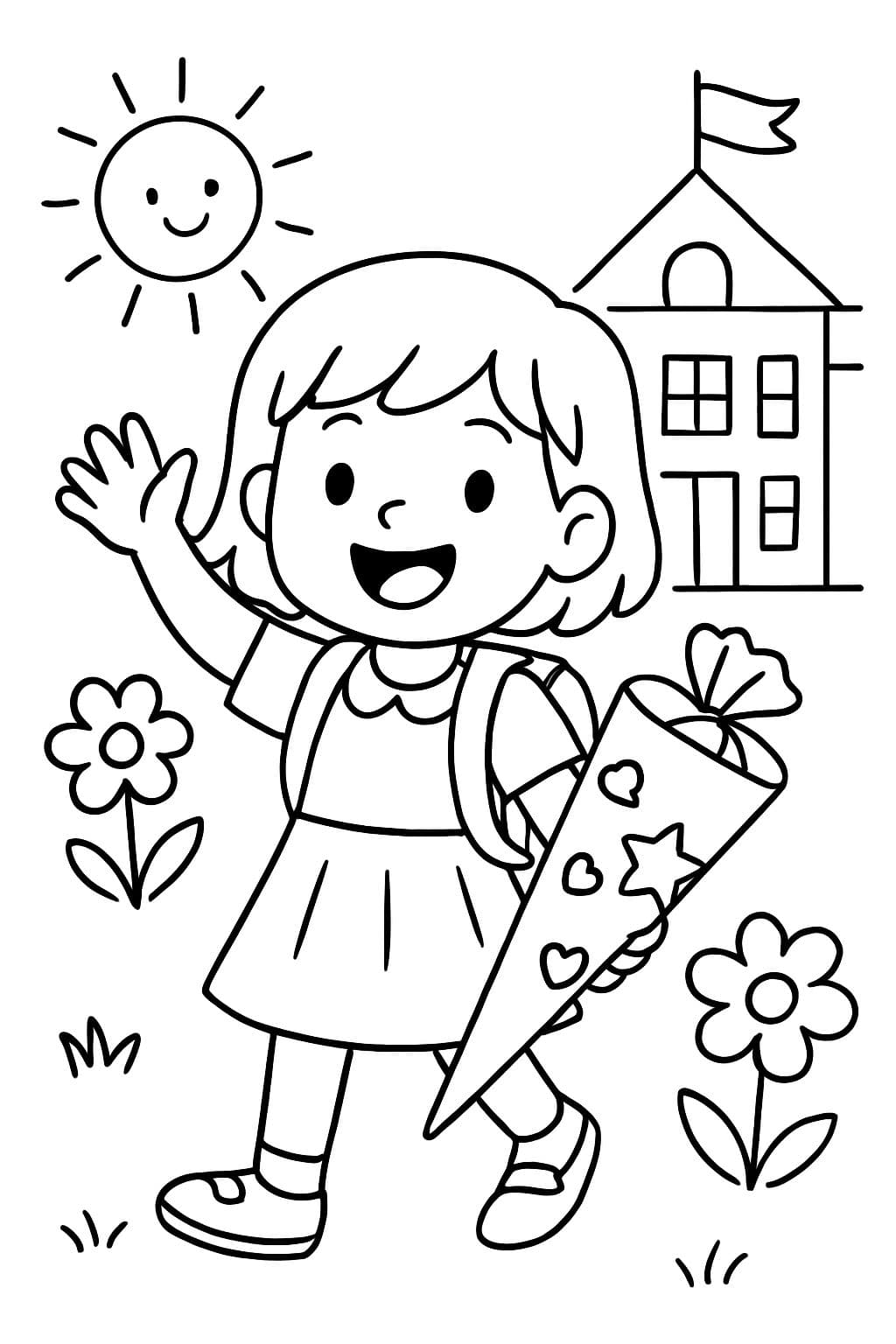 niña en el primer día de escuela con pelo corto