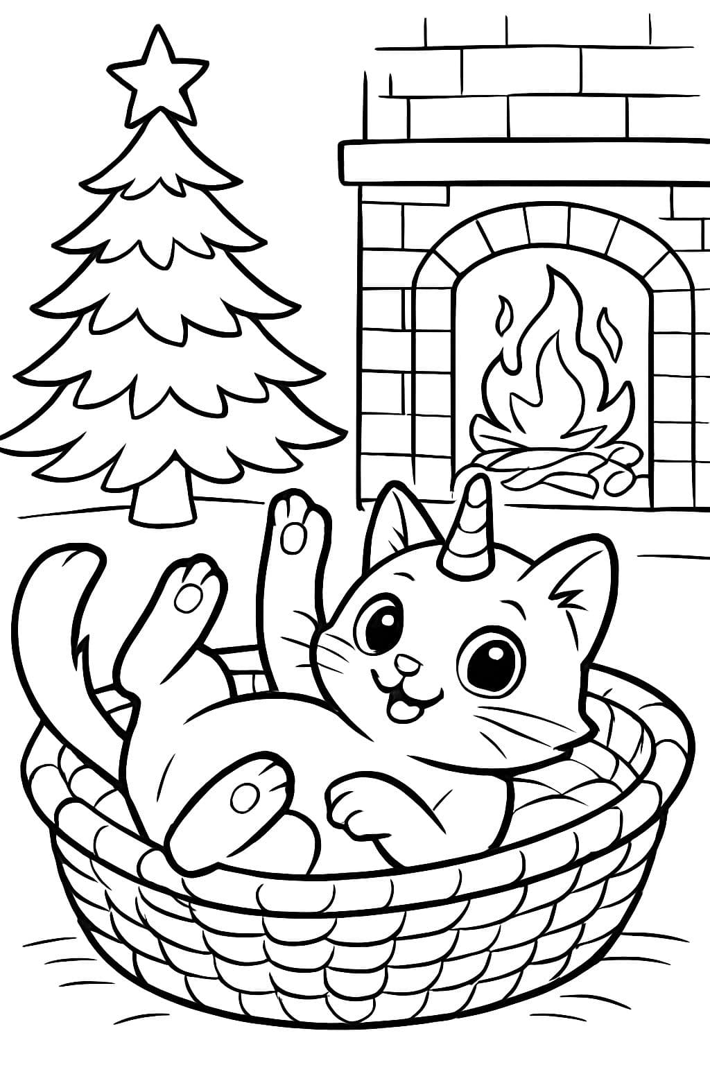 A unicorn kitten baby with a short horn is lying on its back in a basket and looks cute, with a Christmas tree and a fireplace in the background.