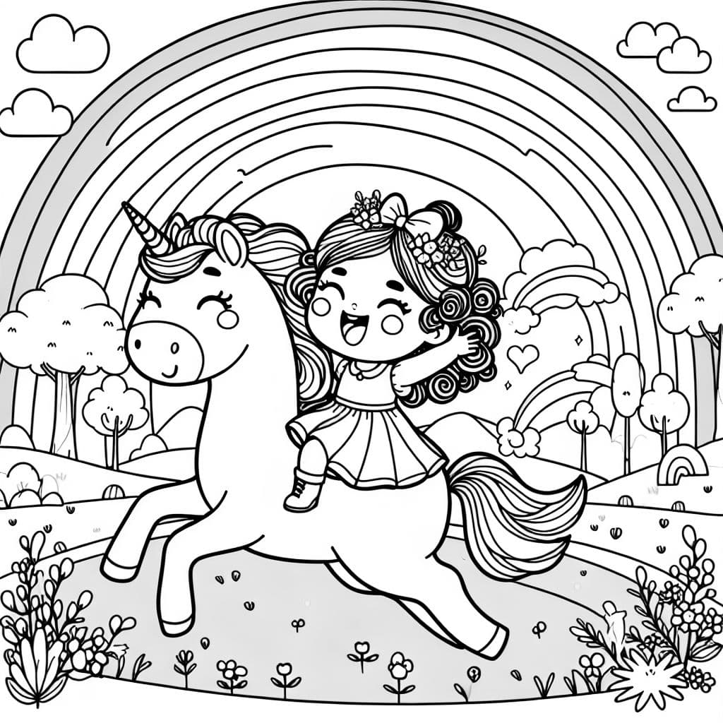 Petite fille aux cheveux bouclés chevauchant une licorne avec un arc-en-ciel en arrière-plan.