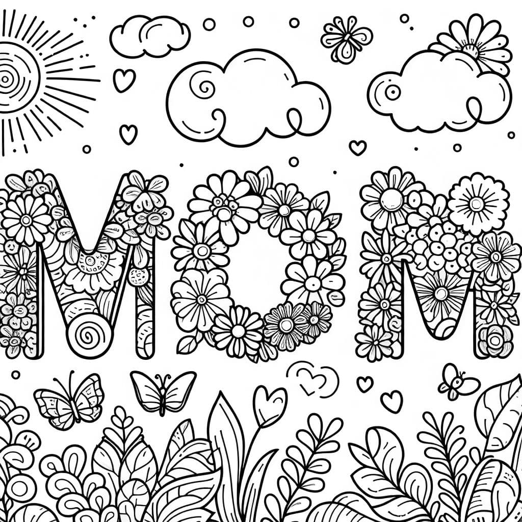 "Mamãe" escrito em letras de bolha cercado por flores desenhadas à mão.