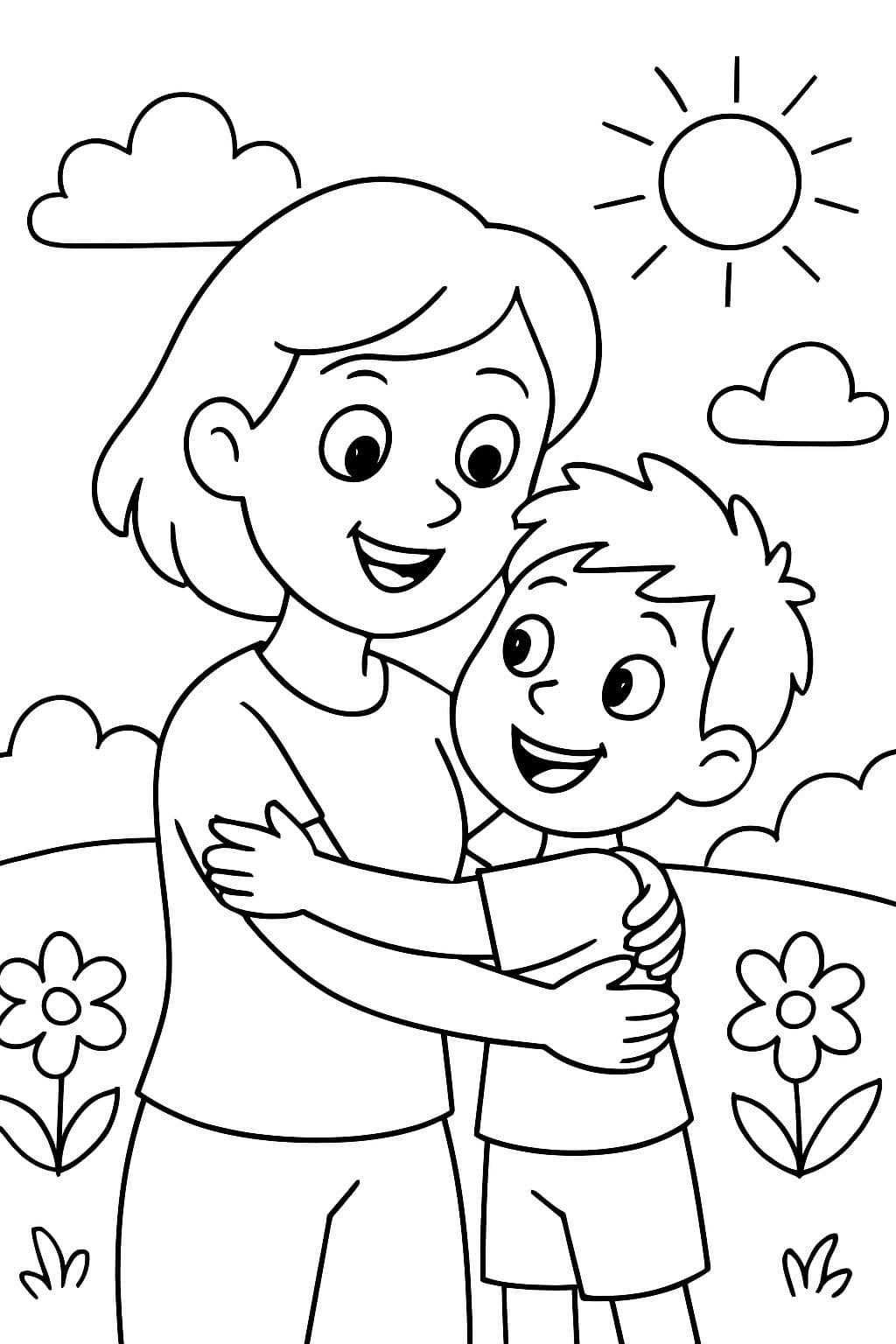 Maman avec les cheveux courts étreignant son fils de 5 ans.