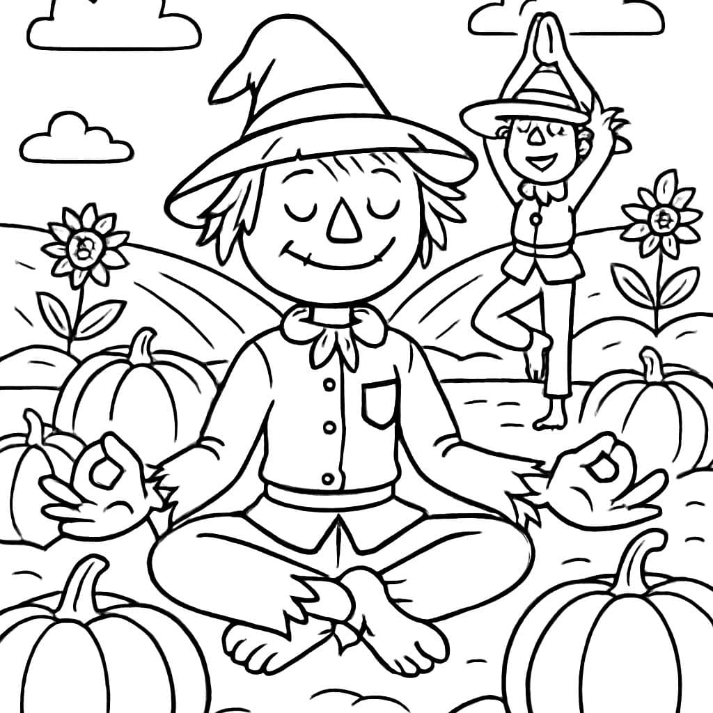 espantapájaros meditando y haciendo yoga en un parchet de calabazas