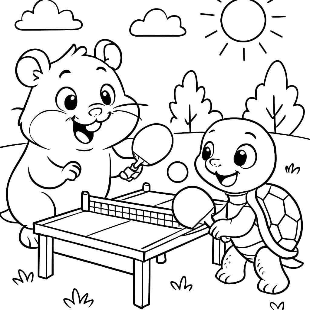 Un hámster y una tortuga bebé jugando al ping pong.