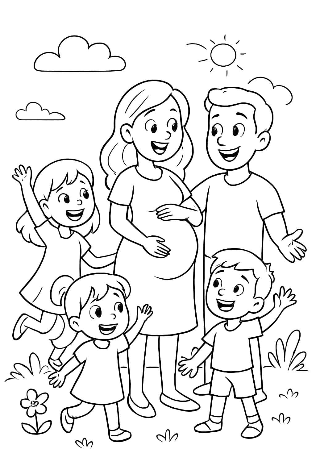 Schwangere Frau mit Papa,2 Mädchen und einem Jungen