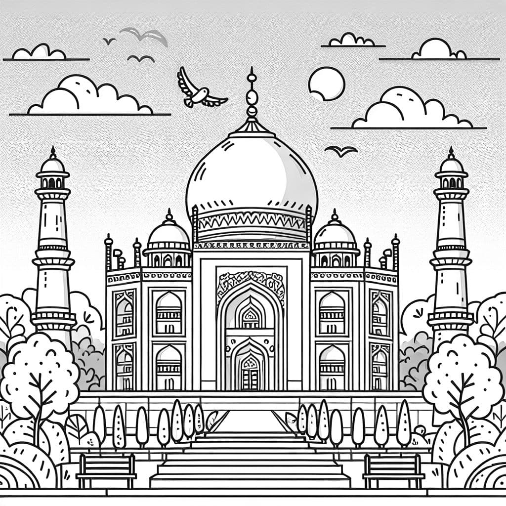 Le Taj Mahal est un magnifique mausolée en Inde, célèbre pour son architecture impressionnante et ses beaux jardins. C'est un sujet populaire pour les pages à colorier d'enfants.