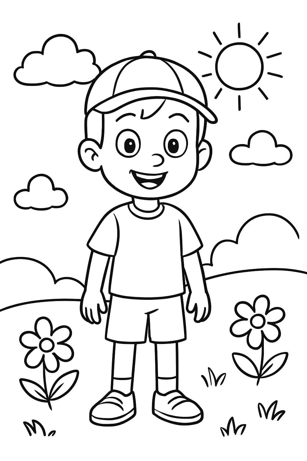 Un niño de pie con pantalones cortos, camisa y gorra.