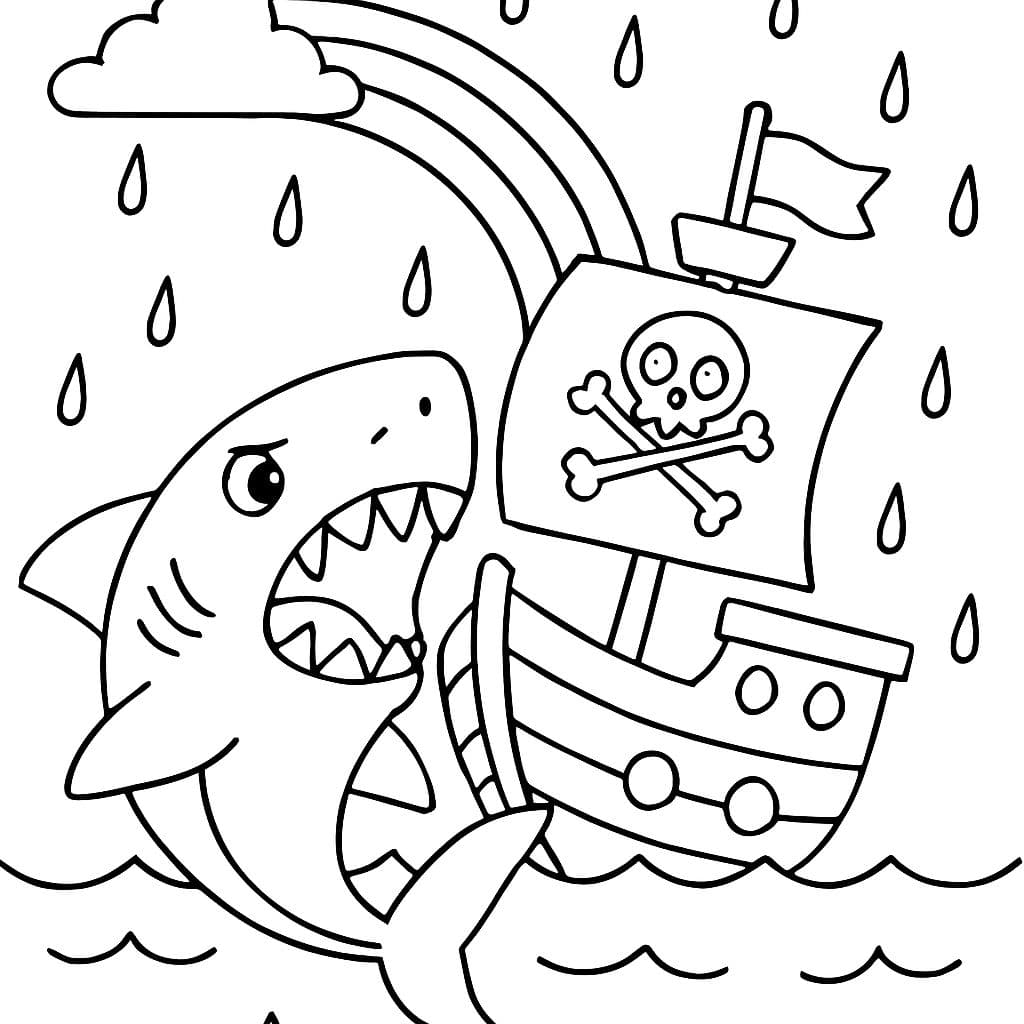 Megalodon atacando un barco pirata y está lloviendo con un arcoíris.