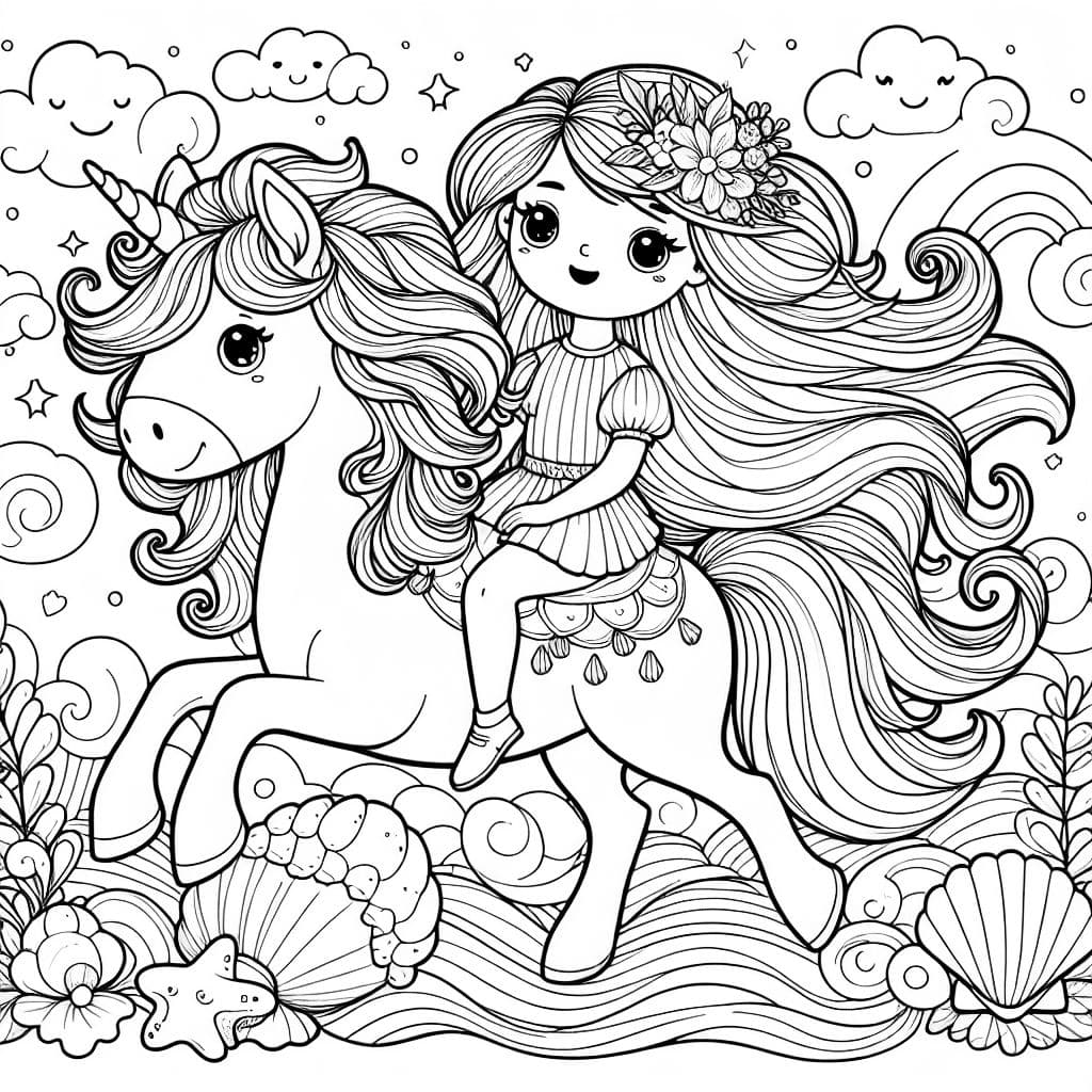 Merida montando um unicórnio com uma concha, uma flor e um coração nas costas.