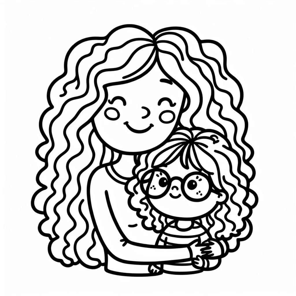 Une femme blanche aux cheveux bouclés embrassant une petite fille aux cheveux raides et portant des lunettes.