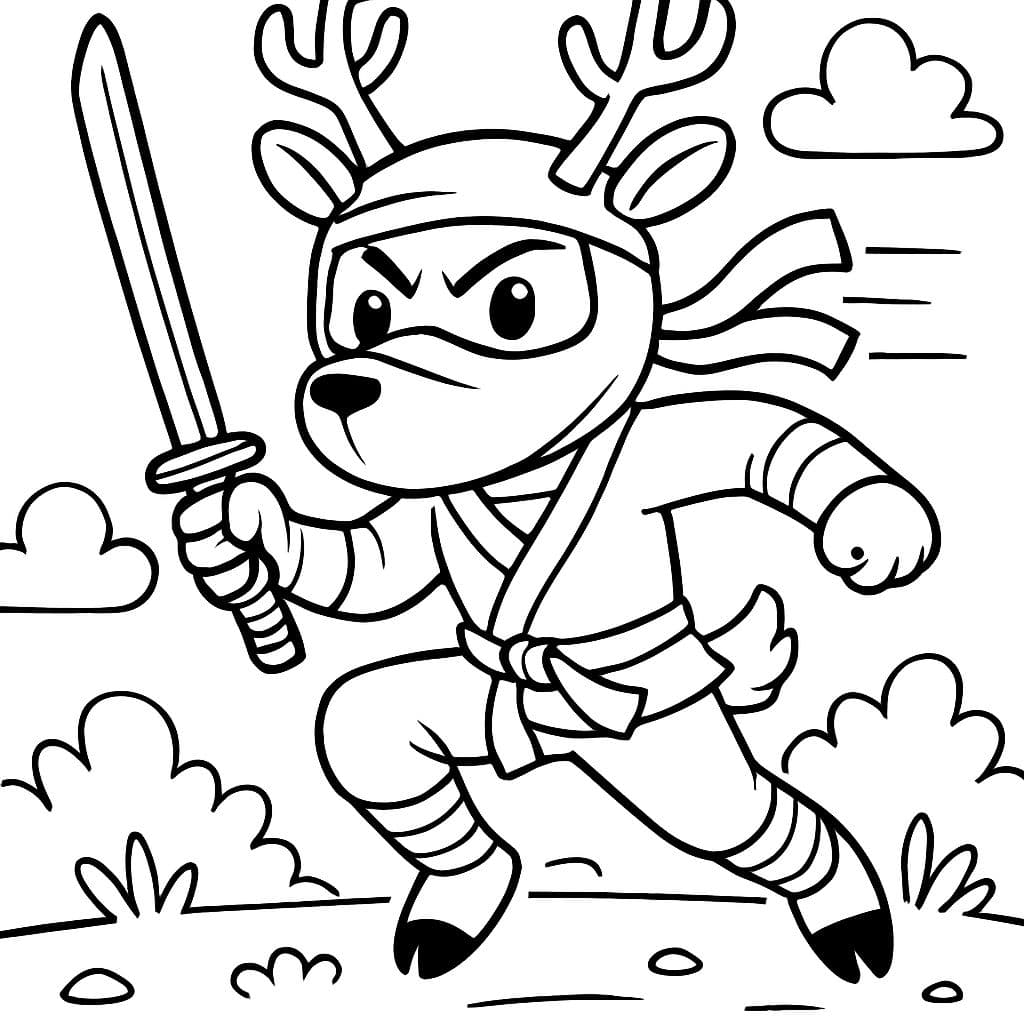 einen Hirsch, der einen Ninjaanzug trägt und ein Schwert in der Hand hält