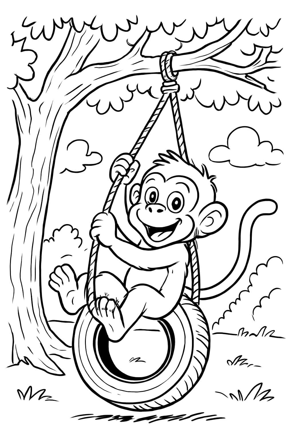 Ein süßer Affe der auf einer Reifenschaukel schaukelt und die Schaukel hängt an einem Baum