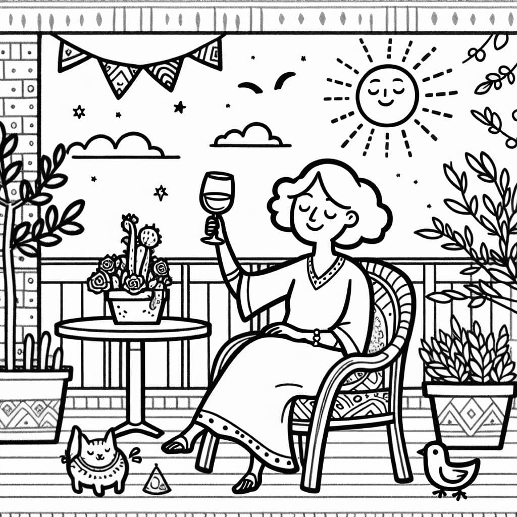 Eine Mutter, die auf der Terrasse ein Glas Wein trinkt