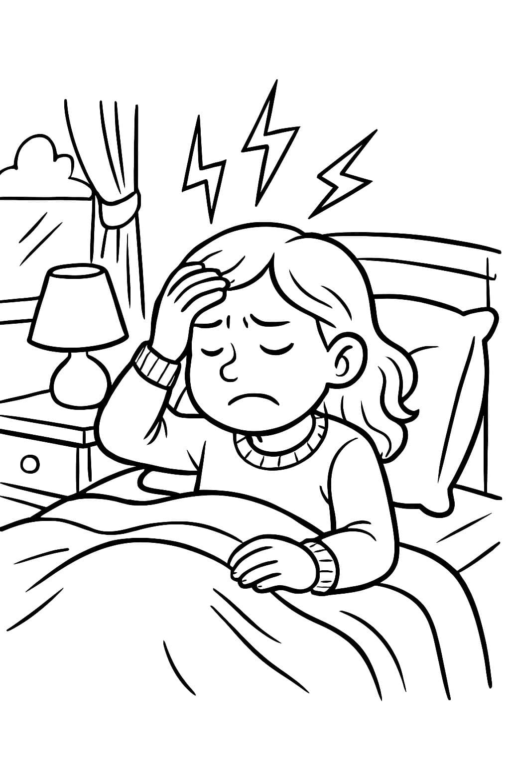 a girl sleeping in a bed with a sweater with a worried face due to a headache