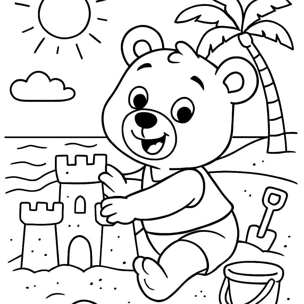 oso en la playa construyendo castillo de arena
