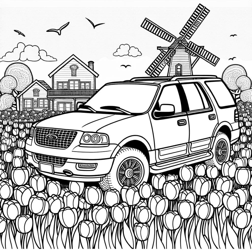 Una Ford Expedition en un campo de tulipanes con un molino de viento al fondo.