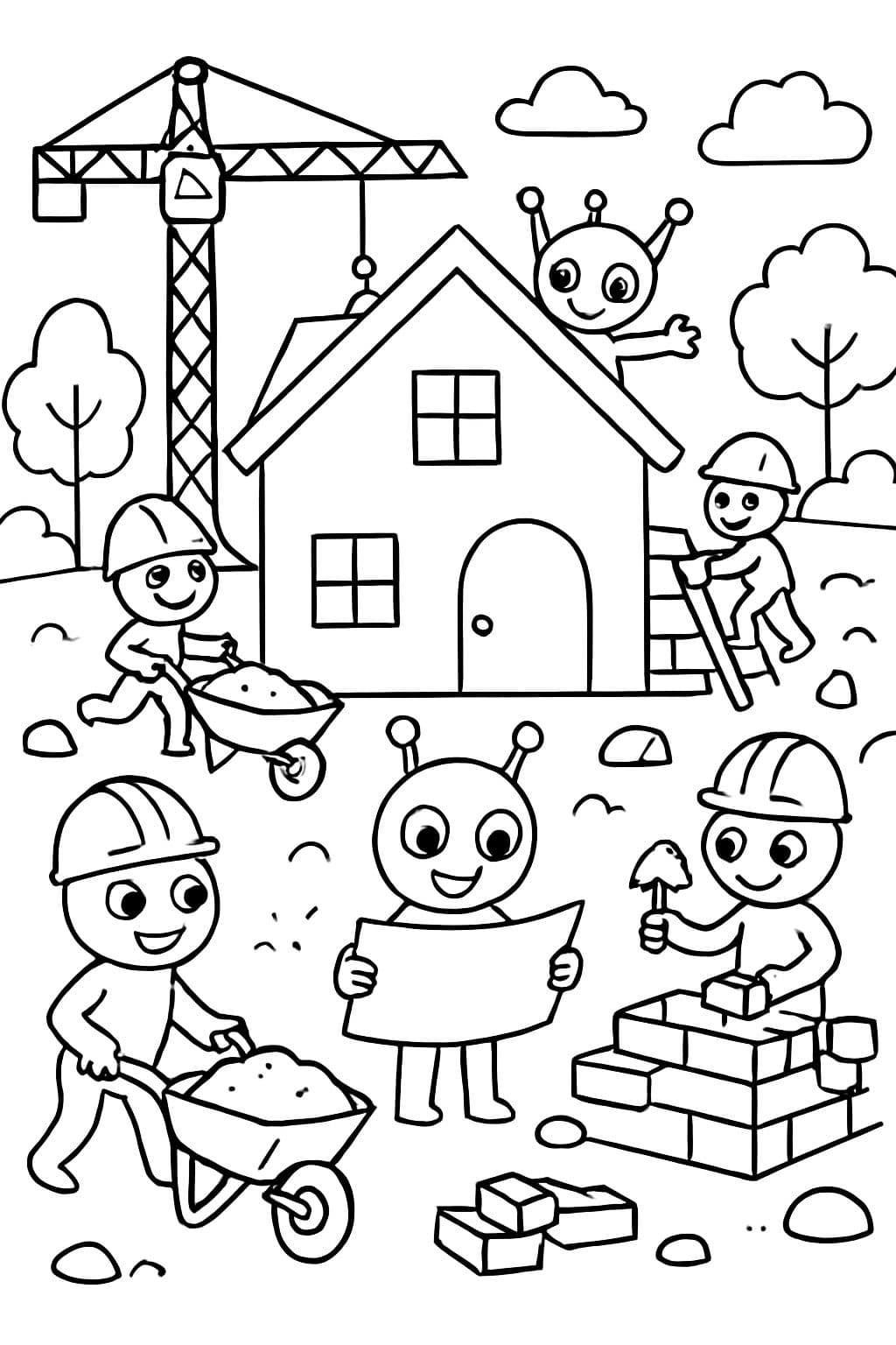 26 Martiens construisent une grande maison sur un chantier.