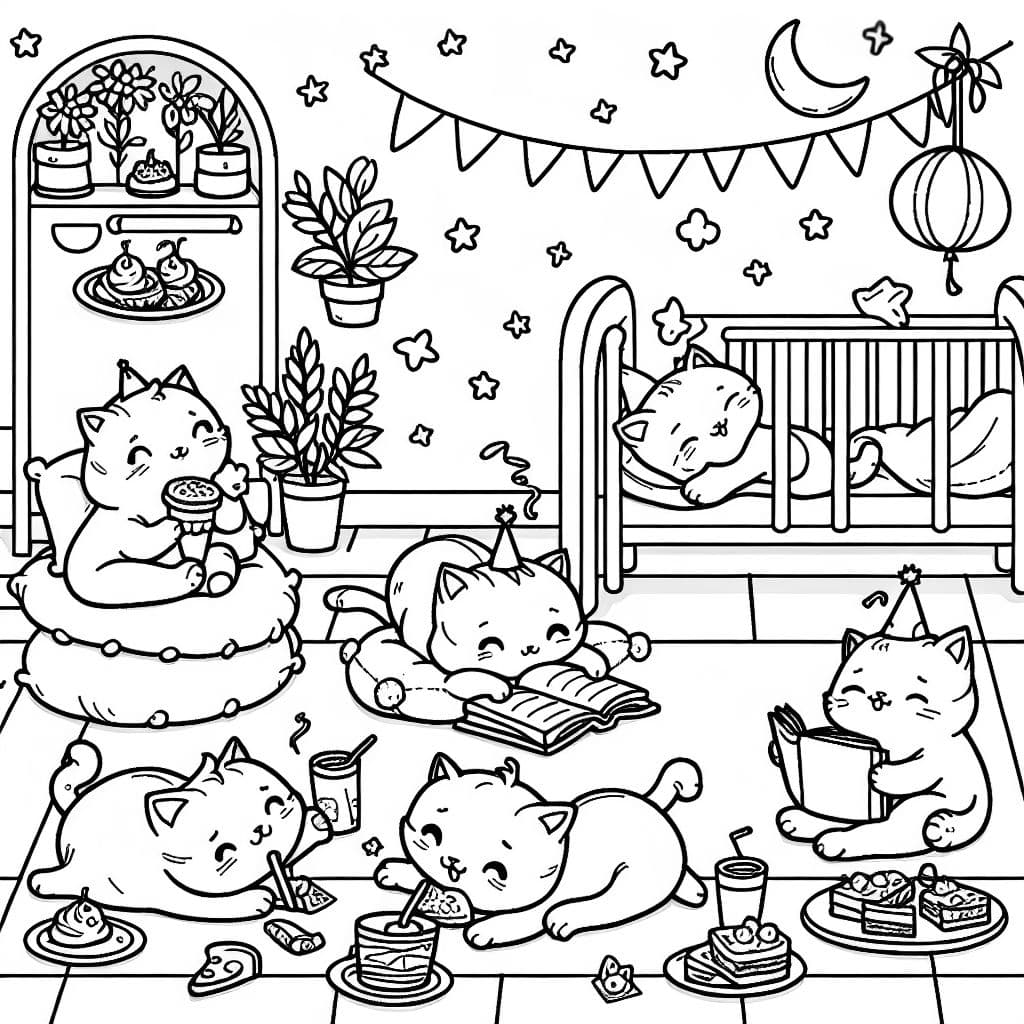 Cuatro gatitos teniendo una fiesta de pijamas