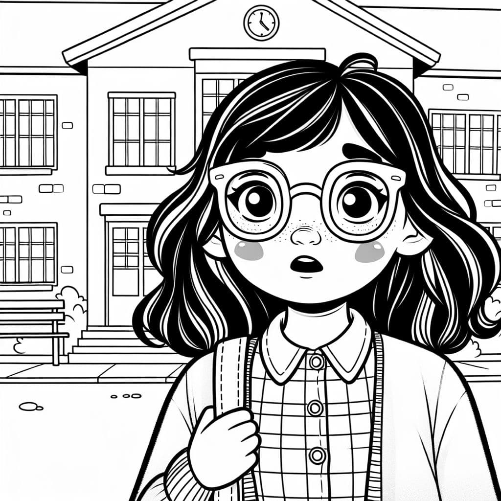 Una niña con cabello hasta los hombros y grandes gafas de marco, vestida con una blusa abotonada y un suéter, parece asustada frente a una escuela.