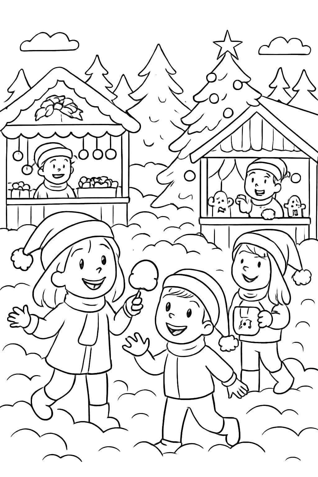 un marché de Noël avec des gens et le sol est en barbe à papa. (Format paysage)