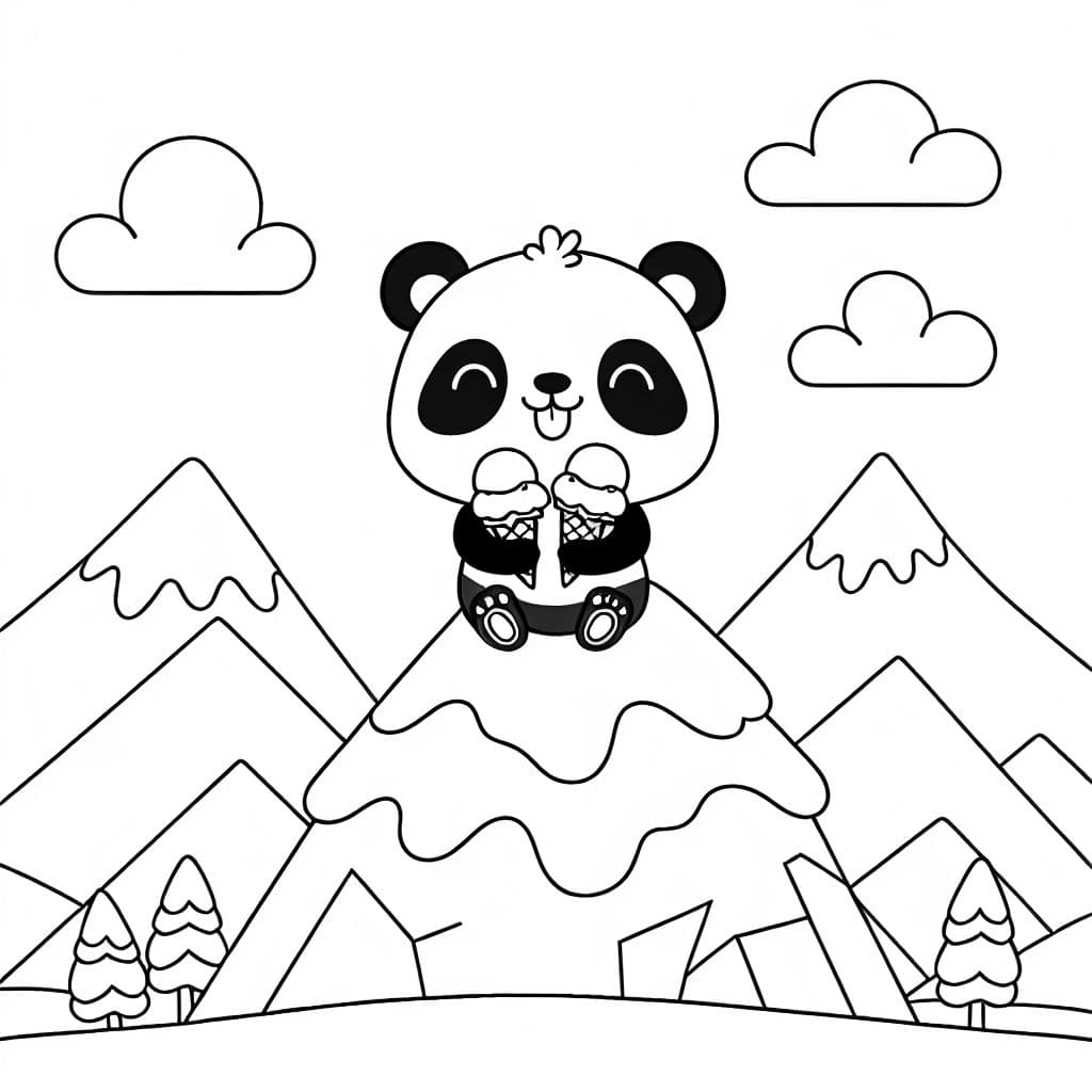 Panda on a mountain eating an ice cream with two scoops