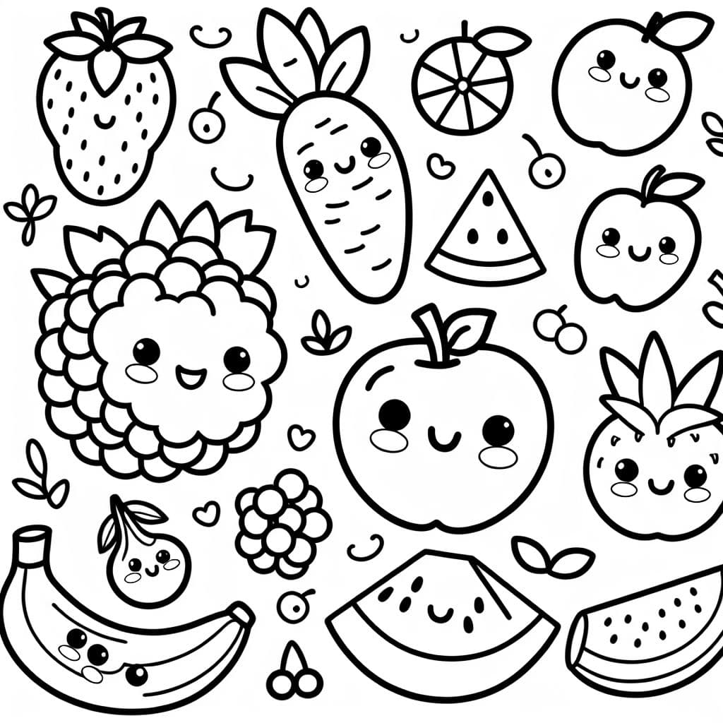 Vários frutos e legumes com rostos sorridentes, irradiando alegria e diversão.