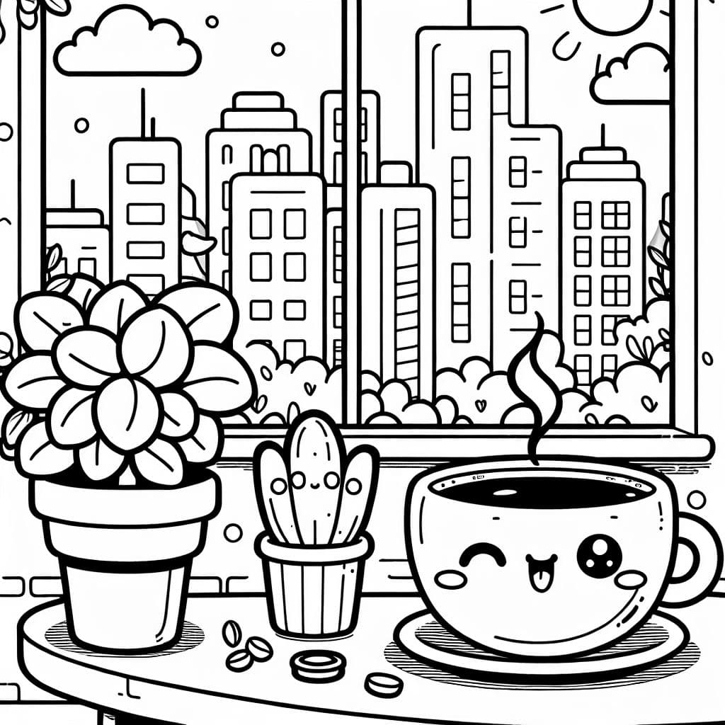 Una linda ventana de cafetería con una taza de café humeante en la mesa, una pequeña planta en maceta y una vista de un paisaje urbano de fondo.