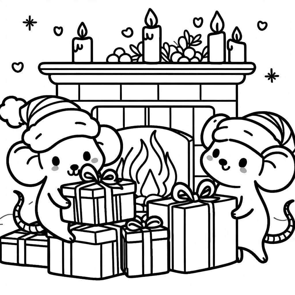 mäuse mit weihnachtsmützen, die vor einem flackernden kaminfeuer geschenke einpacken