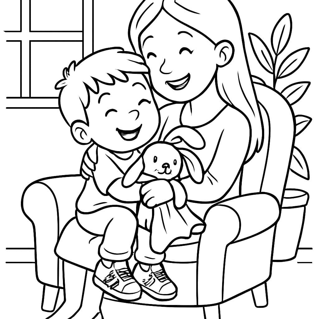 Un garçon de 6 ans câline sa mère. Il est assis sur ses genoux, porte des chaussures Adidas et tient un doudou en forme de lapin. La maman a de longs cheveux et porte une robe. Ils sont assis sur un fauteuil.