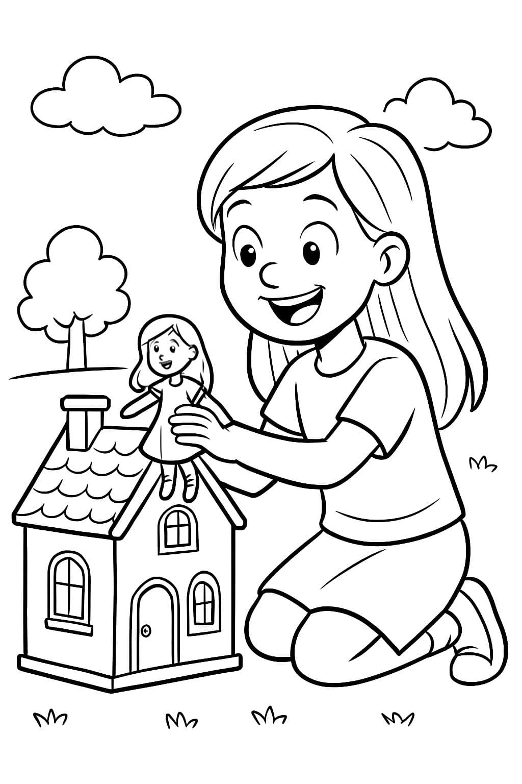 Une fille de 7 ans nommée July avec des cheveux raides jusqu'à la taille jouant avec une maison de poupées