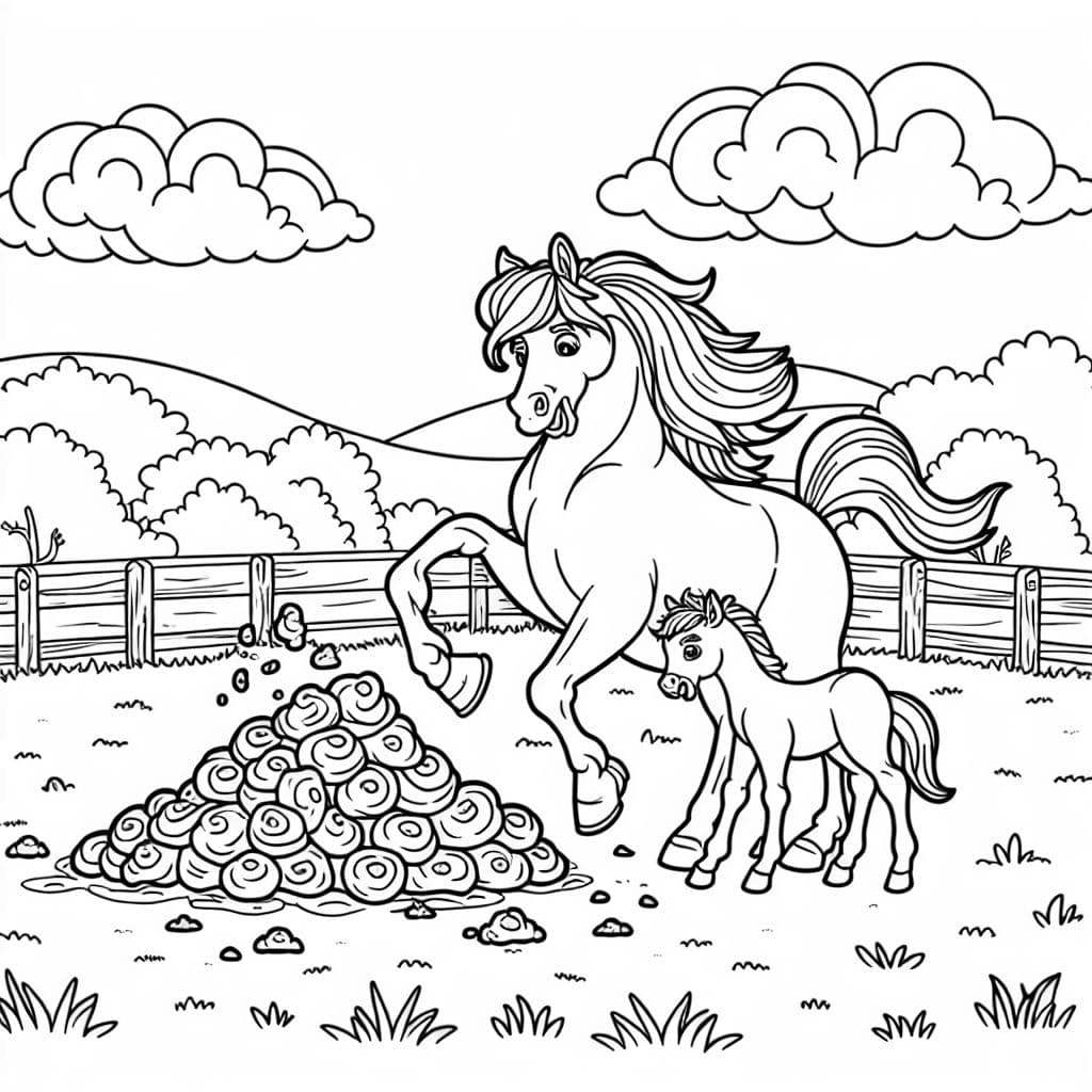 Pferd mit Kackhaufen auf einer Weide mit Fohlen