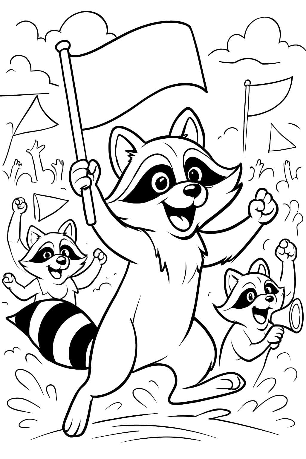 Un mapache agitando banderas con otros mapaches y siendo fan