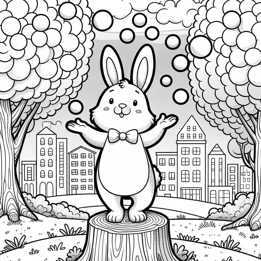 Ein Hase der vor einer Stadt auf einem Baumstumpf steht und jongliert.