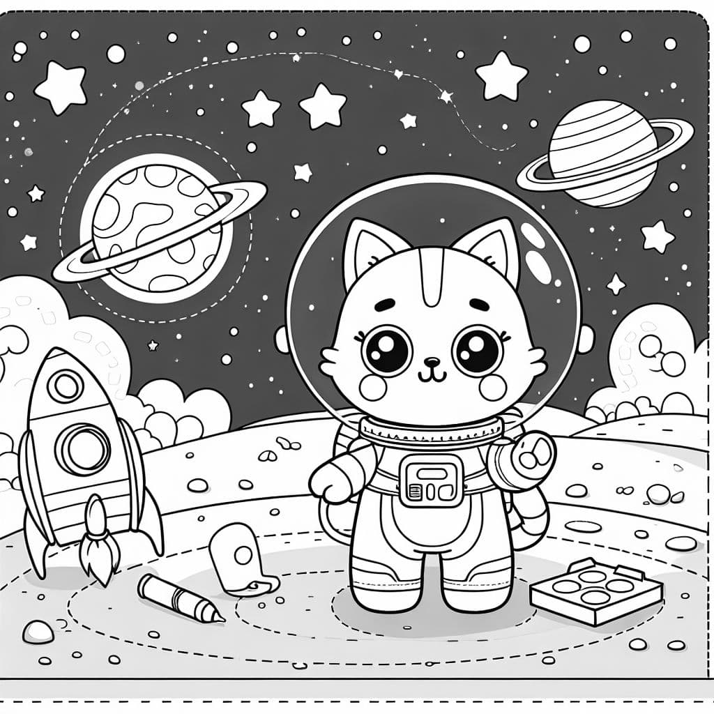 eine süße Weltraumkatze mit einem hellen Hintergrund und einem leeren Namensschild