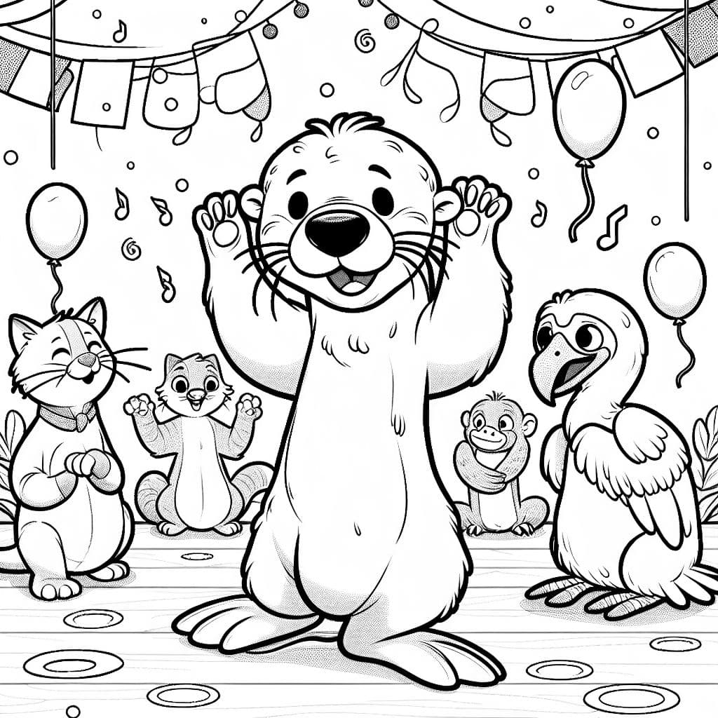 einen Otter der eine tanzparty mit einer katze ,einem faultier und einem dodo macht