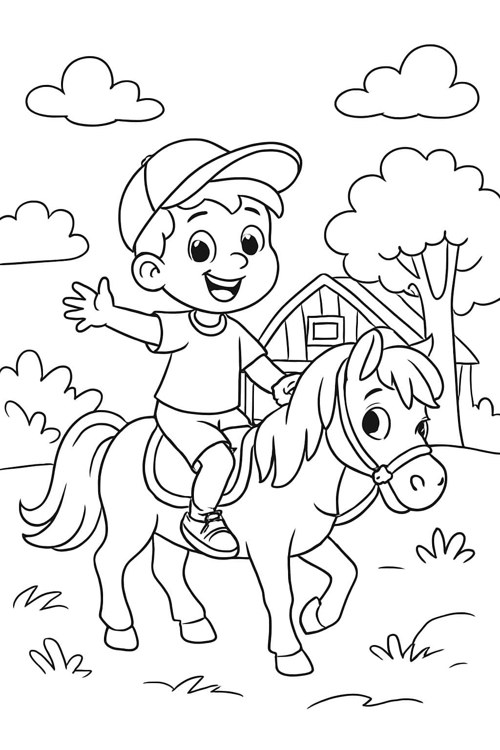 Niño pequeño montado en un pony afuera de un cobertizo Graceland.