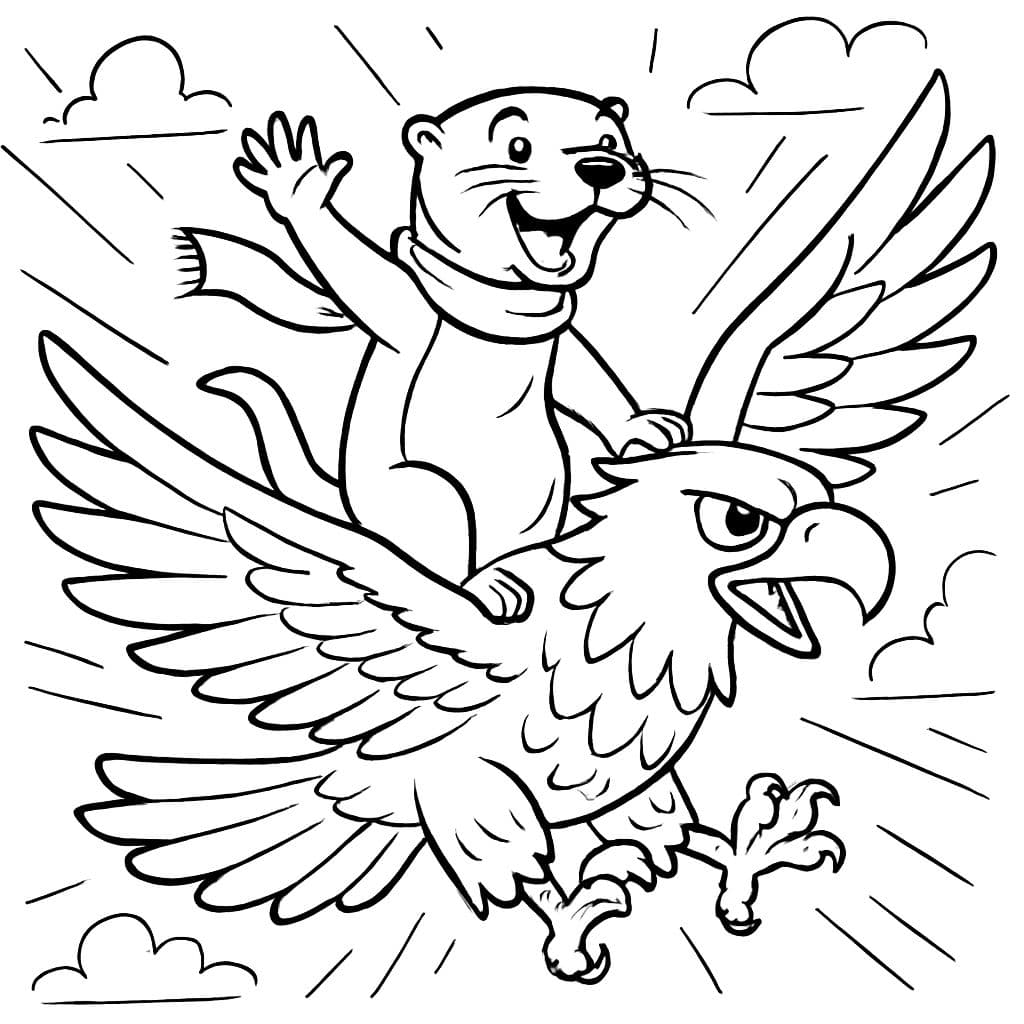 Ein Otter, der auf einem Adler fliegt und einen Schal trägt.
